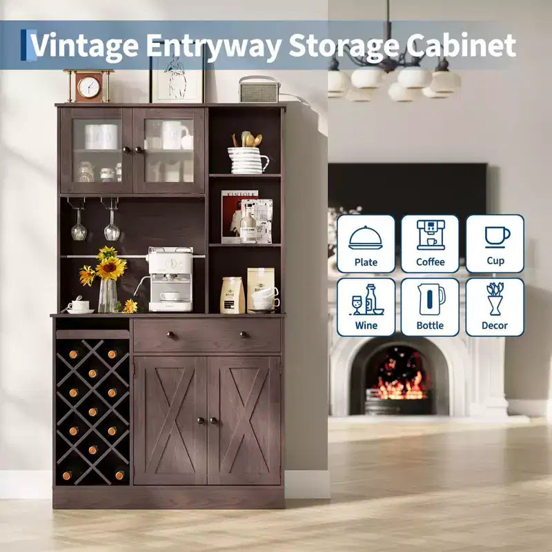 Coffee Bar Cabinet with Power Outlet & Exquisite Barn Doors, Sideboard Buffet Cabinet with Wine Bottle Rack