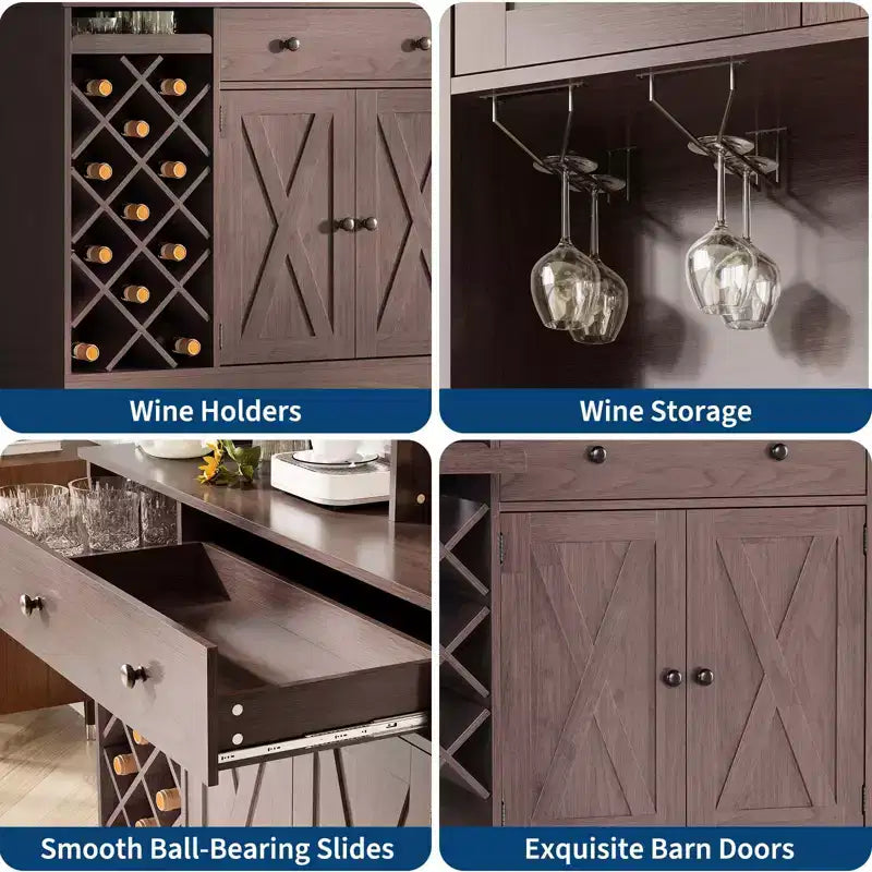 Coffee Bar Cabinet with Power Outlet & Exquisite Barn Doors, Sideboard Buffet Cabinet with Wine Bottle Rack