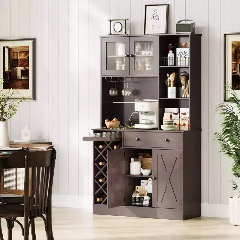 Coffee Bar Cabinet with Power Outlet & Exquisite Barn Doors, Sideboard Buffet Cabinet with Wine Bottle Rack