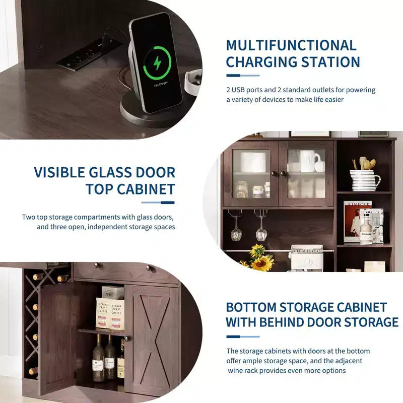 Coffee Bar Cabinet with Power Outlet & Exquisite Barn Doors, Sideboard Buffet Cabinet with Wine Bottle Rack