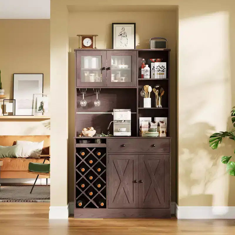 Coffee Bar Cabinet with Power Outlet & Exquisite Barn Doors, Sideboard Buffet Cabinet with Wine Bottle Rack