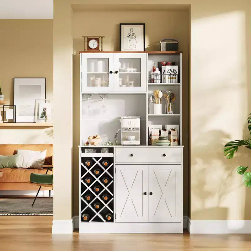 Coffee Bar Cabinet with Power Outlet & Exquisite Barn Doors, Sideboard Buffet Cabinet with Wine Bottle Rack