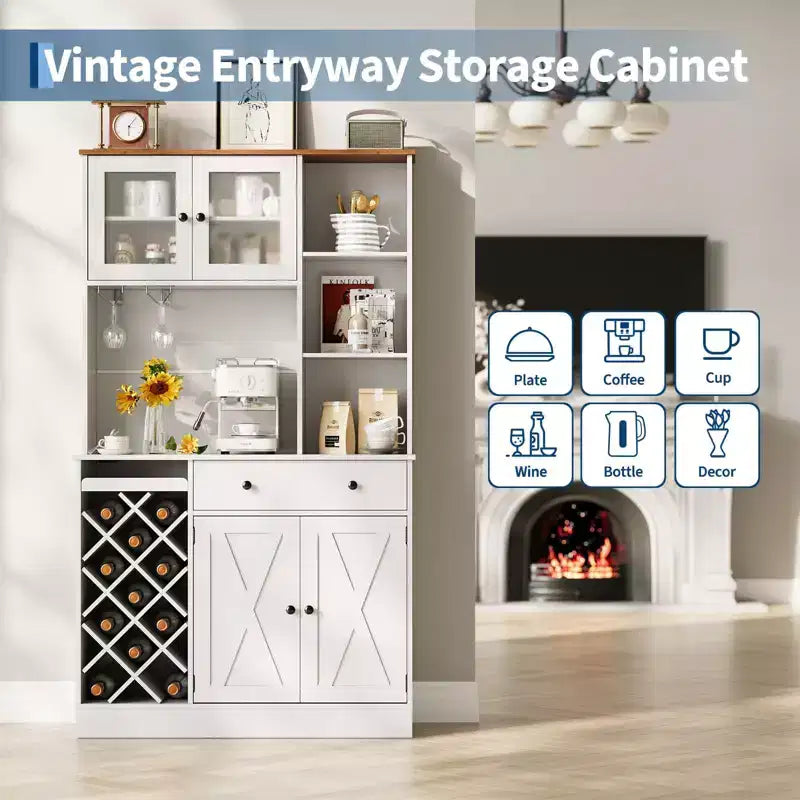 Coffee Bar Cabinet with Power Outlet & Exquisite Barn Doors, Sideboard Buffet Cabinet with Wine Bottle Rack