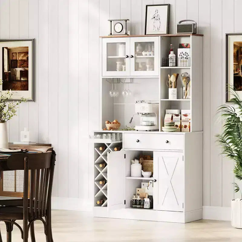 Coffee Bar Cabinet with Power Outlet & Exquisite Barn Doors, Sideboard Buffet Cabinet with Wine Bottle Rack