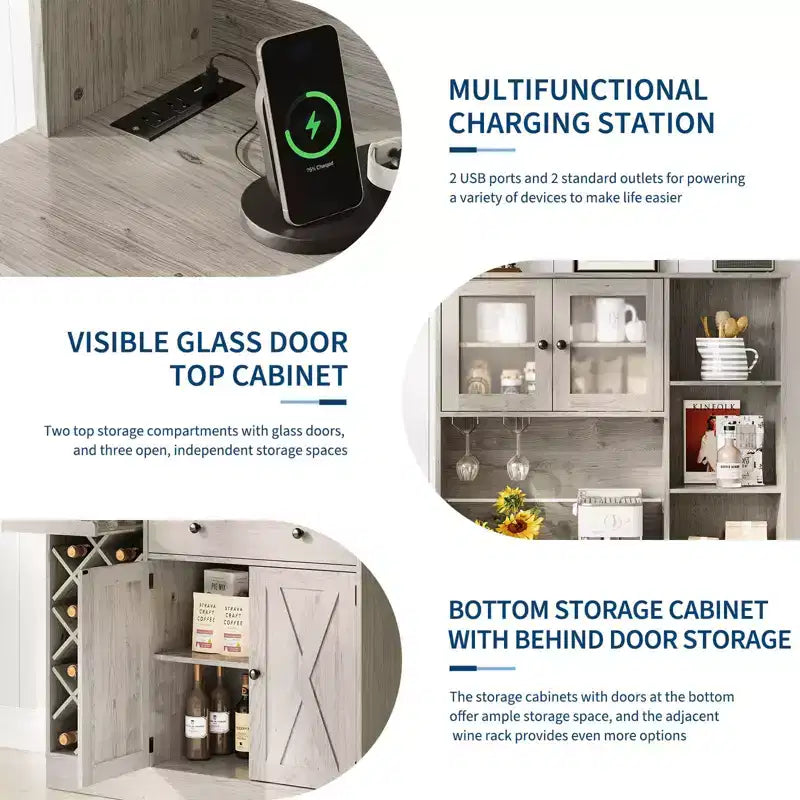 Coffee Bar Cabinet with Power Outlet & Exquisite Barn Doors, Sideboard Buffet Cabinet with Wine Bottle Rack