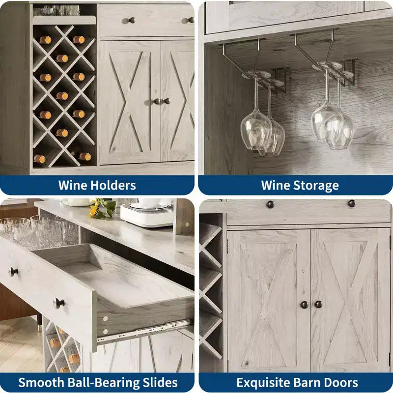 Coffee Bar Cabinet with Power Outlet & Exquisite Barn Doors, Sideboard Buffet Cabinet with Wine Bottle Rack