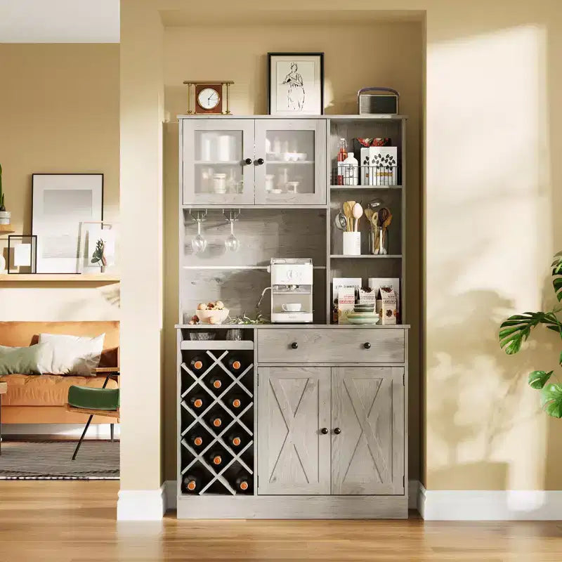Coffee Bar Cabinet with Power Outlet & Exquisite Barn Doors, Sideboard Buffet Cabinet with Wine Bottle Rack