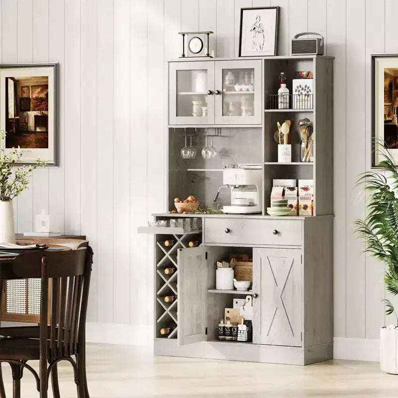 Coffee Bar Cabinet with Power Outlet & Exquisite Barn Doors, Sideboard Buffet Cabinet with Wine Bottle Rack