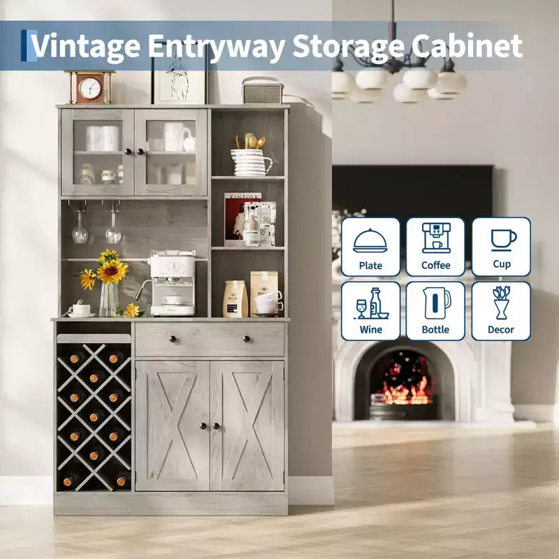 Coffee Bar Cabinet with Power Outlet & Exquisite Barn Doors, Sideboard Buffet Cabinet with Wine Bottle Rack