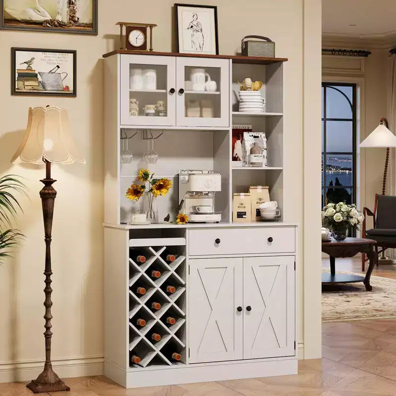 Coffee Bar Cabinet with Power Outlet & Exquisite Barn Doors, Sideboard Buffet Cabinet with Wine Bottle Rack