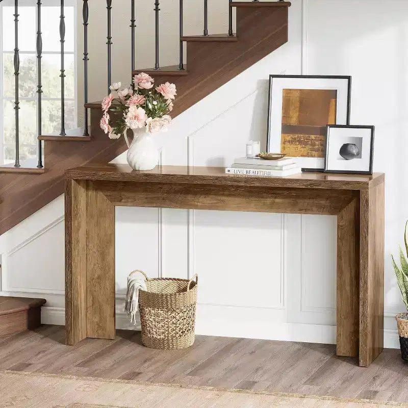 55-Inch Farmhouse Console Table, Wooden Couch Table with Storage, Narrow Long Entryway Hallway Table for Living Room, Entrance (Brown)