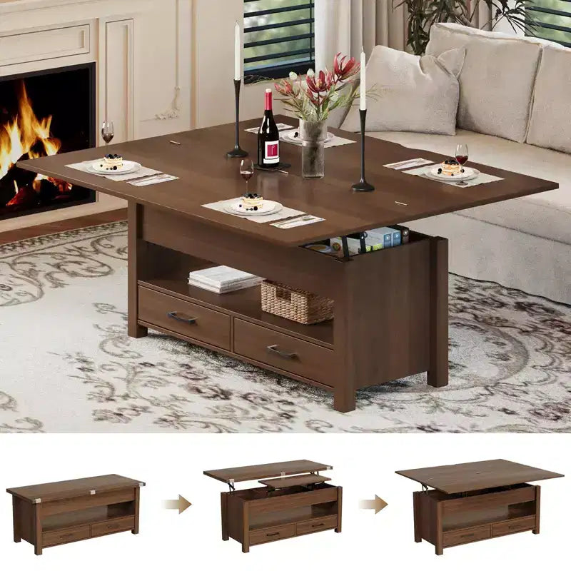 4 in 1 Convertible Lift Top Coffee Table with Storage for Living Room - 40 Storage Coffee Tables with 2 Drawers