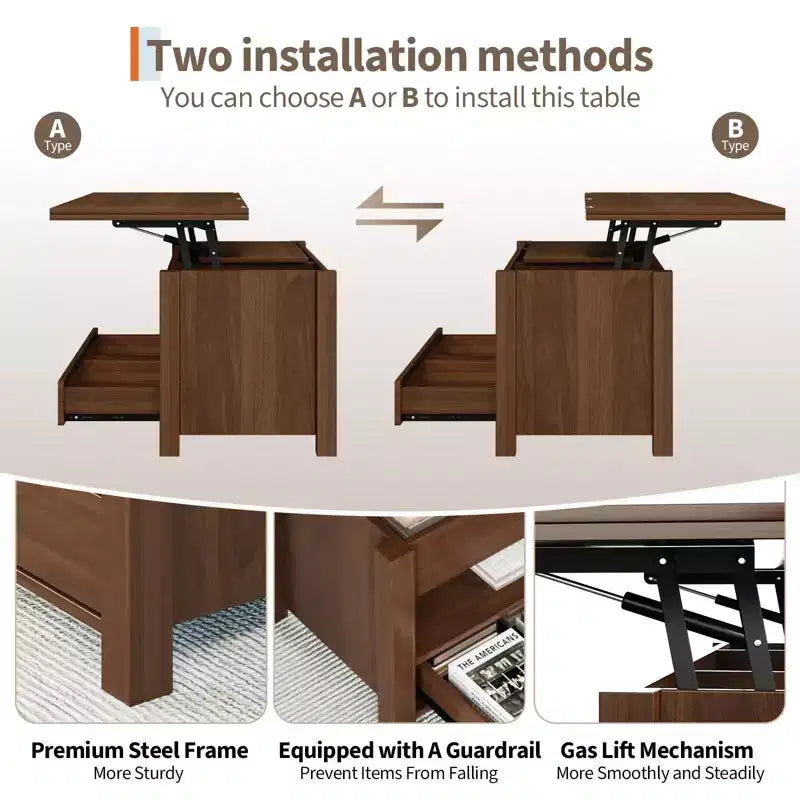 4 in 1 Convertible Lift Top Coffee Table with Storage for Living Room - 40 Storage Coffee Tables with 2 Drawers