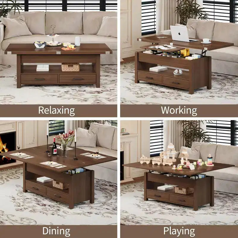 4 in 1 Convertible Lift Top Coffee Table with Storage for Living Room - 40 Storage Coffee Tables with 2 Drawers