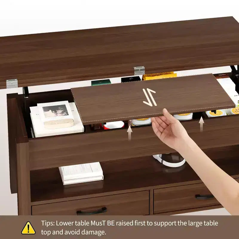 4 in 1 Convertible Lift Top Coffee Table with Storage for Living Room - 40 Storage Coffee Tables with 2 Drawers