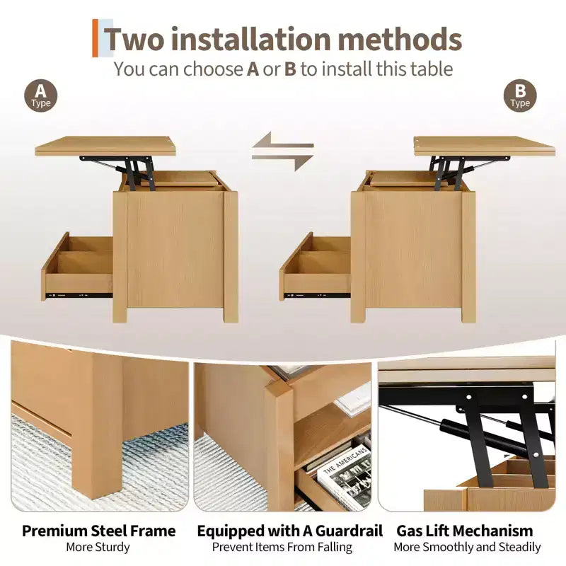 4 in 1 Convertible Lift Top Coffee Table with Storage for Living Room - 40 Storage Coffee Tables with 2 Drawers