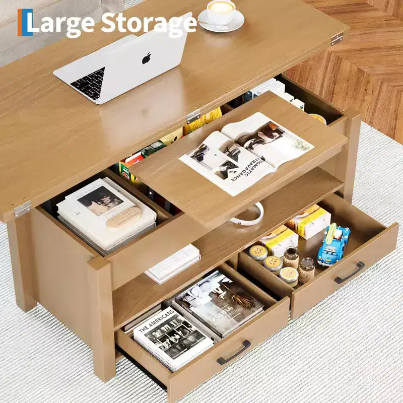 4 in 1 Convertible Lift Top Coffee Table with Storage for Living Room - 40 Storage Coffee Tables with 2 Drawers