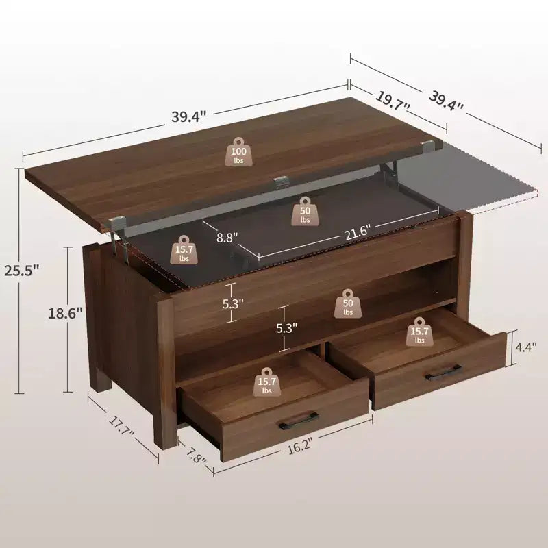 4 in 1 Convertible Lift Top Coffee Table with Storage for Living Room - 40 Storage Coffee Tables with 2 Drawers