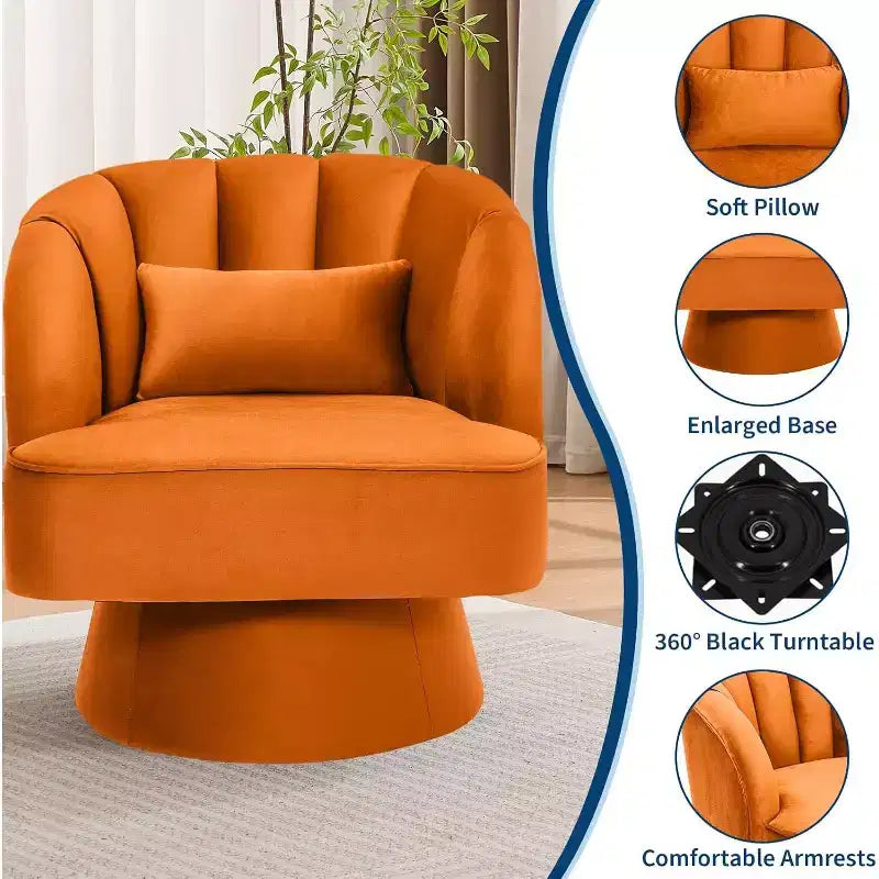 Modern Swivel Barrel Chair - 360 Swivel Accent Chair with Velvet Upholstery & Wide Cushioned Seat & Striped Backrest, Orange Round Lounge Sofa Chair
