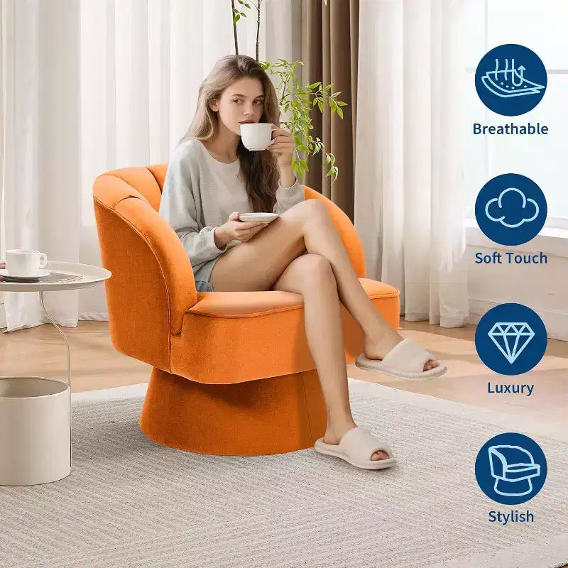 Modern Swivel Barrel Chair - 360 Swivel Accent Chair with Velvet Upholstery & Wide Cushioned Seat & Striped Backrest, Orange Round Lounge Sofa Chair
