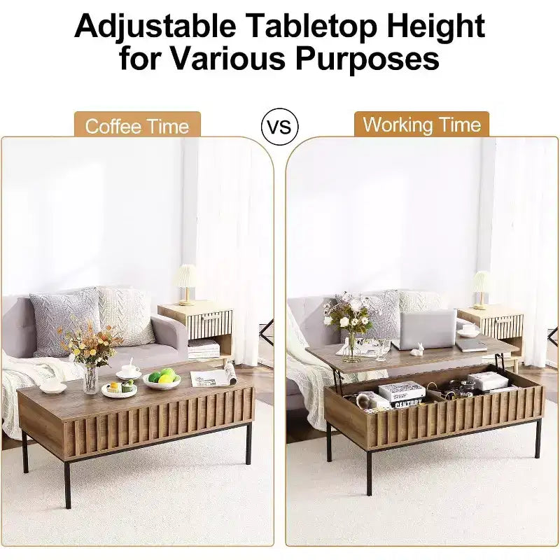 Lift Top Coffee Table with Hidden Compartment, Modern Coffee Table with Storage, Fluted Wood Center Table Rising Tabletop Tea Table for Living Room