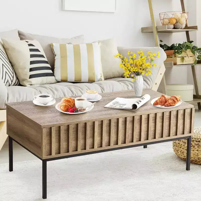 Lift Top Coffee Table with Hidden Compartment, Modern Coffee Table with Storage, Fluted Wood Center Table Rising Tabletop Tea Table for Living Room