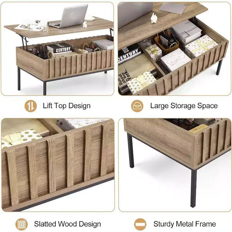 Lift Top Coffee Table with Hidden Compartment, Modern Coffee Table with Storage, Fluted Wood Center Table Rising Tabletop Tea Table for Living Room