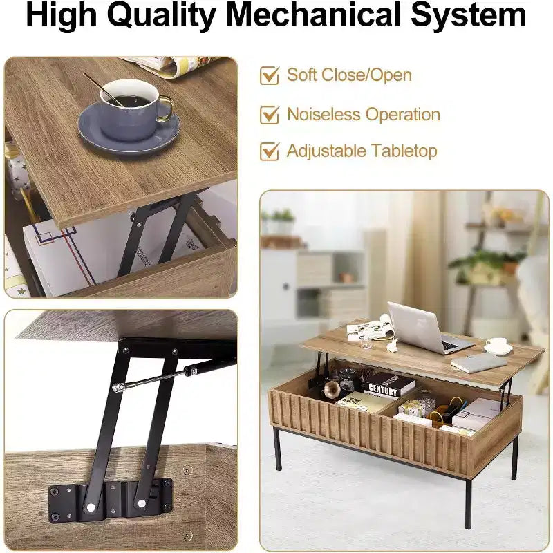 Lift Top Coffee Table with Hidden Compartment, Modern Coffee Table with Storage, Fluted Wood Center Table Rising Tabletop Tea Table for Living Room