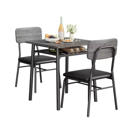 3-Piece Dining Set for 2  Compact Table with Storage Shelf & 2 Upholstered Chairs, Gray Wood-Grain Top & Black Metal Legs for Kitchen or Living Room