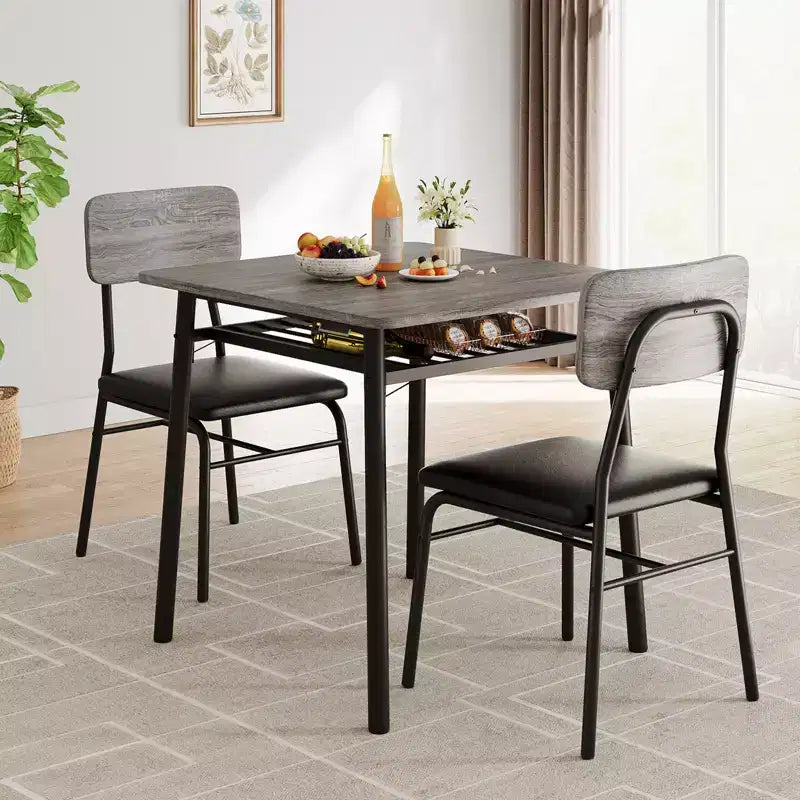 3-Piece Dining Set for 2 Compact Table with Storage Shelf & 2 Upholstered Chairs, Gray Wood-Grain Top & Black Metal Legs for Kitchen or Living Room