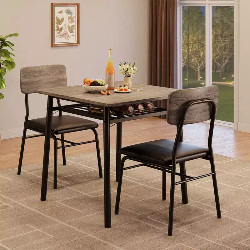 3-Piece Dining Set for 2 Compact Table with Storage Shelf & 2 Upholstered Chairs, Gray Wood-Grain Top & Black Metal Legs for Kitchen or Living Room