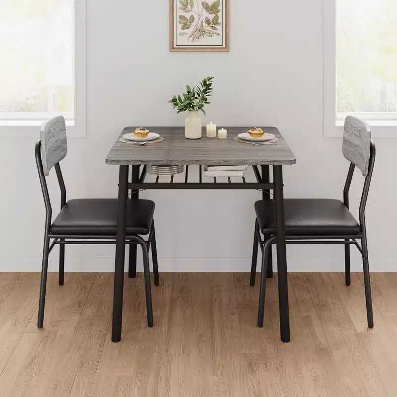 3-Piece Dining Set for 2 Compact Table with Storage Shelf & 2 Upholstered Chairs, Gray Wood-Grain Top & Black Metal Legs for Kitchen or Living Room