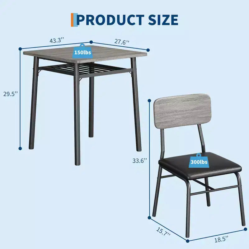 3-Piece Dining Set for 2 Compact Table with Storage Shelf & 2 Upholstered Chairs, Gray Wood-Grain Top & Black Metal Legs for Kitchen or Living Room