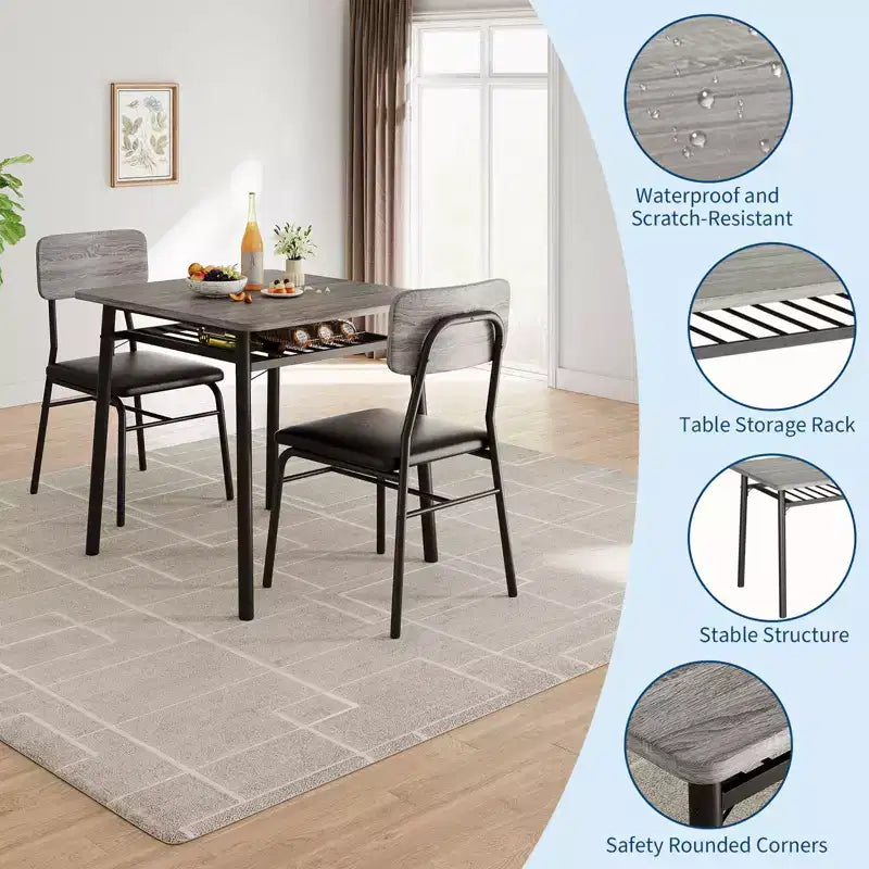 3-Piece Dining Set for 2 Compact Table with Storage Shelf & 2 Upholstered Chairs, Gray Wood-Grain Top & Black Metal Legs for Kitchen or Living Room
