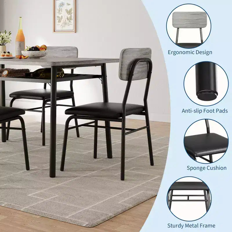 3-Piece Dining Set for 2 Compact Table with Storage Shelf & 2 Upholstered Chairs, Gray Wood-Grain Top & Black Metal Legs for Kitchen or Living Room