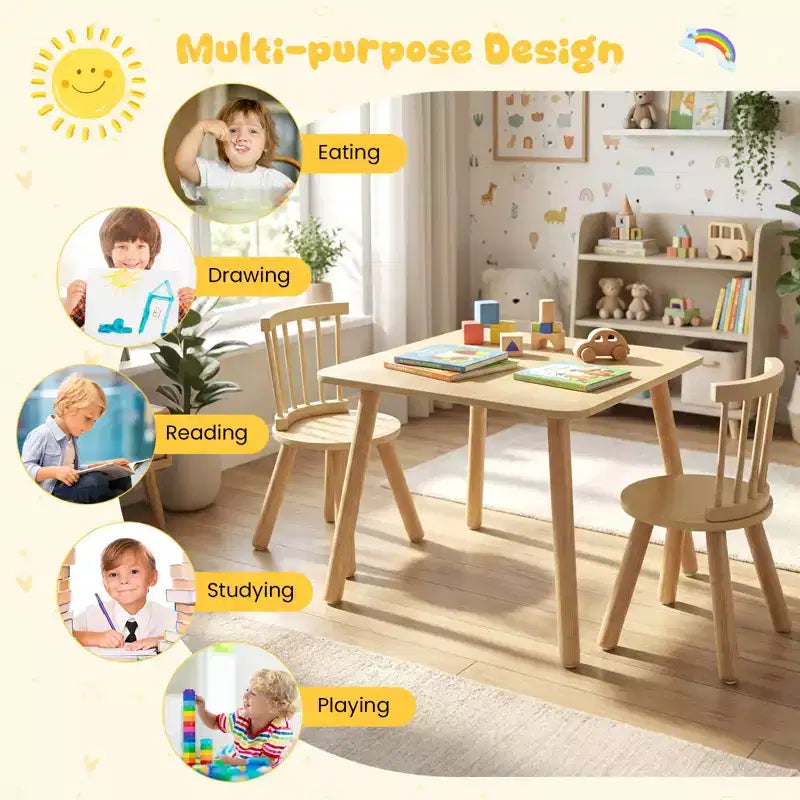 3PCS Toddler Furniture w/Pine Wood Frame Curved Backrest Round Seats for Playing
