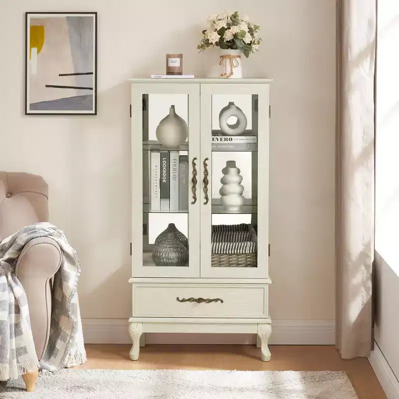Curio Cabinet with Light, Adjustable Shelves, Vintage Drawer, and Carved Handles for Sophisticated Display