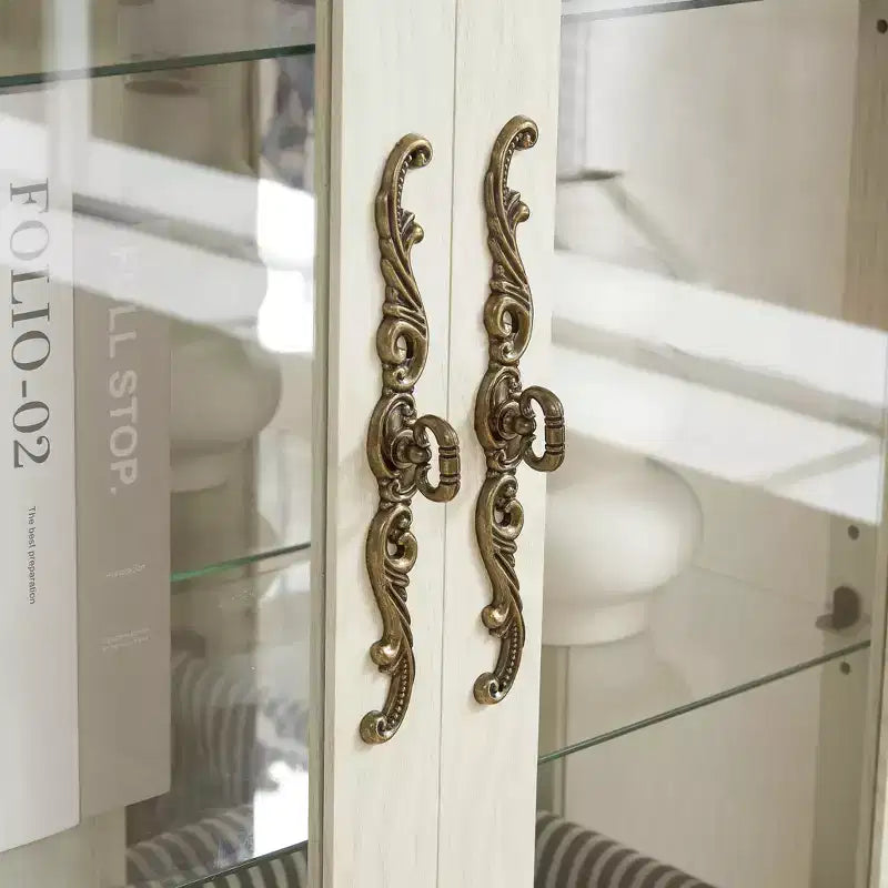 Curio Cabinet with Light, Adjustable Shelves, Vintage Drawer, and Carved Handles for Sophisticated Display