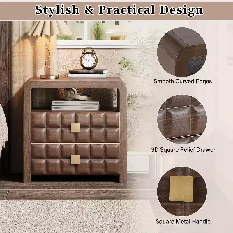 Modern Nightstand with 2 Drawers and 1 Open Shelf