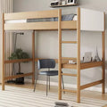 Bellemave Twin Loft Bed with Desk, Teddy Boucle Upholstered Headboard & Footboard, Rubberwood Frame, Ladder & Safety Guardrails, Natural