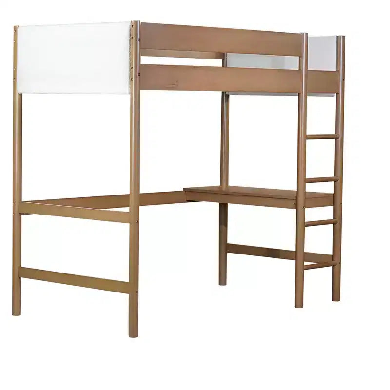 Twin Loft Bed with Desk, Teddy Boucle Upholstered Headboard & Footboard, Rubberwood Frame, Ladder & Safety Guardrails, Natural