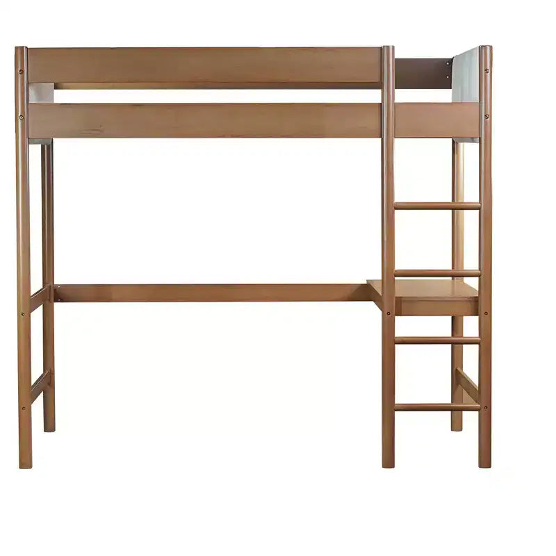 Twin Loft Bed with Desk, Teddy Boucle Upholstered Headboard & Footboard, Rubberwood Frame, Ladder & Safety Guardrails, Natural