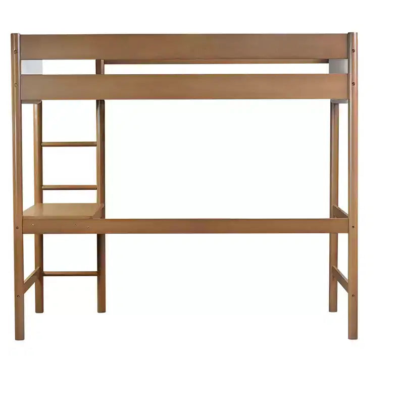 Twin Loft Bed with Desk, Teddy Boucle Upholstered Headboard & Footboard, Rubberwood Frame, Ladder & Safety Guardrails, Natural