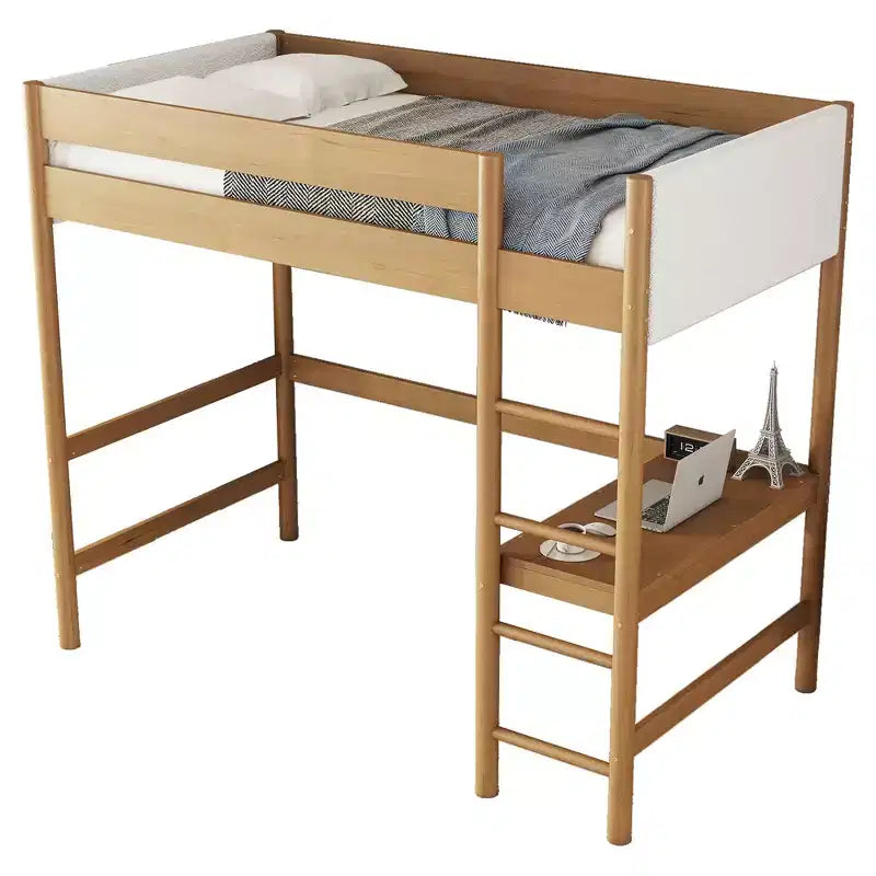 Twin Loft Bed with Desk, Teddy Boucle Upholstered Headboard & Footboard, Rubberwood Frame, Ladder & Safety Guardrails, Natural