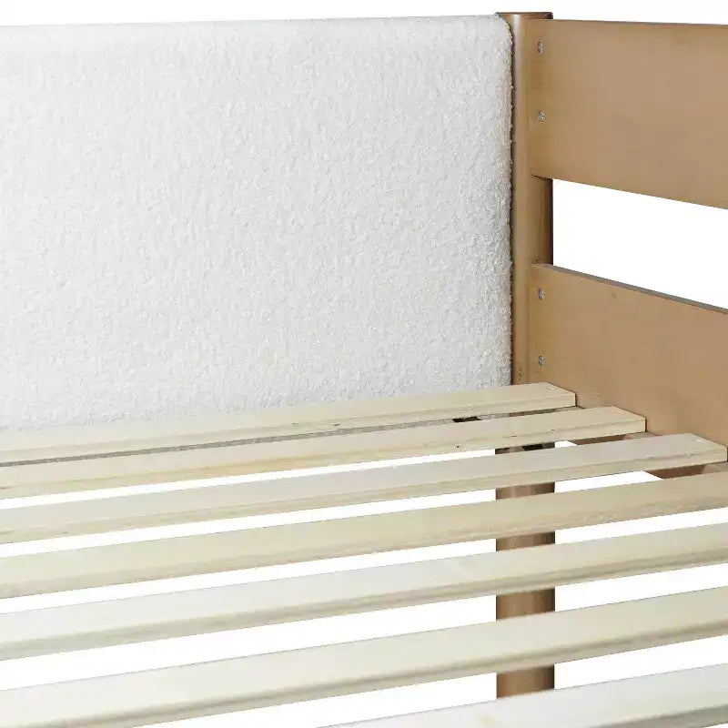 Twin Loft Bed with Desk, Teddy Boucle Upholstered Headboard & Footboard, Rubberwood Frame, Ladder & Safety Guardrails, Natural