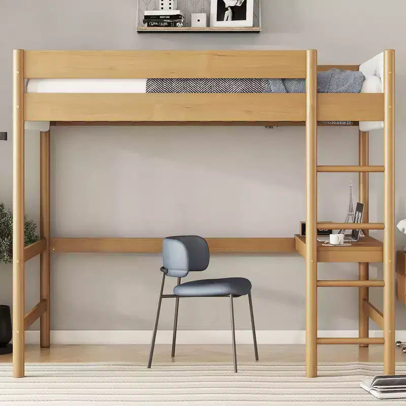 Twin Loft Bed with Desk, Teddy Boucle Upholstered Headboard & Footboard, Rubberwood Frame, Ladder & Safety Guardrails, Natural