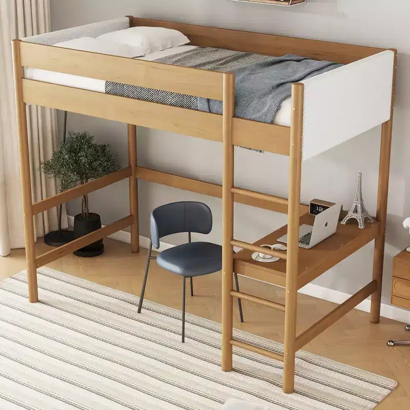 Twin Loft Bed with Desk, Teddy Boucle Upholstered Headboard & Footboard, Rubberwood Frame, Ladder & Safety Guardrails, Natural