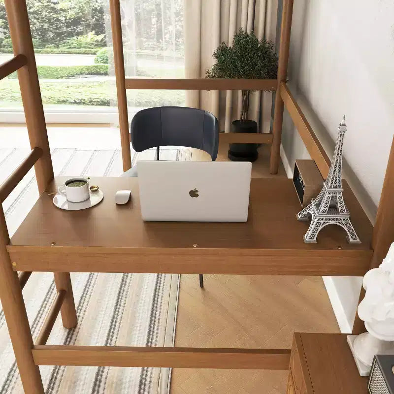 Twin Loft Bed with Desk, Teddy Boucle Upholstered Headboard & Footboard, Rubberwood Frame, Ladder & Safety Guardrails, Natural