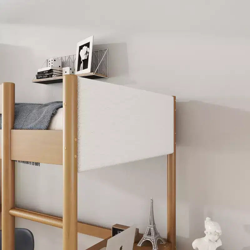 Twin Loft Bed with Desk, Teddy Boucle Upholstered Headboard & Footboard, Rubberwood Frame, Ladder & Safety Guardrails, Natural