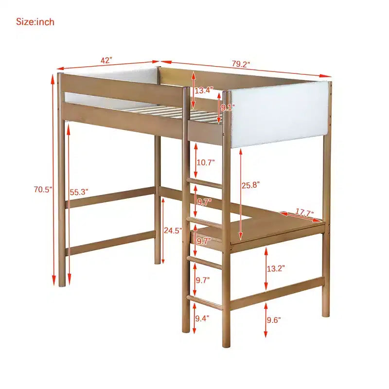 Twin Loft Bed with Desk, Teddy Boucle Upholstered Headboard & Footboard, Rubberwood Frame, Ladder & Safety Guardrails, Natural